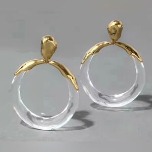 Alexis Bittar Molten Gold Metal and Clear Lucite Hoop Drop Earrings